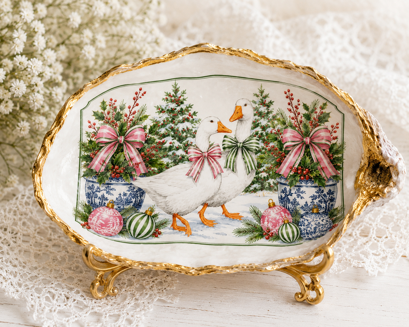 Christmas Geese Oyster Shell Art II
