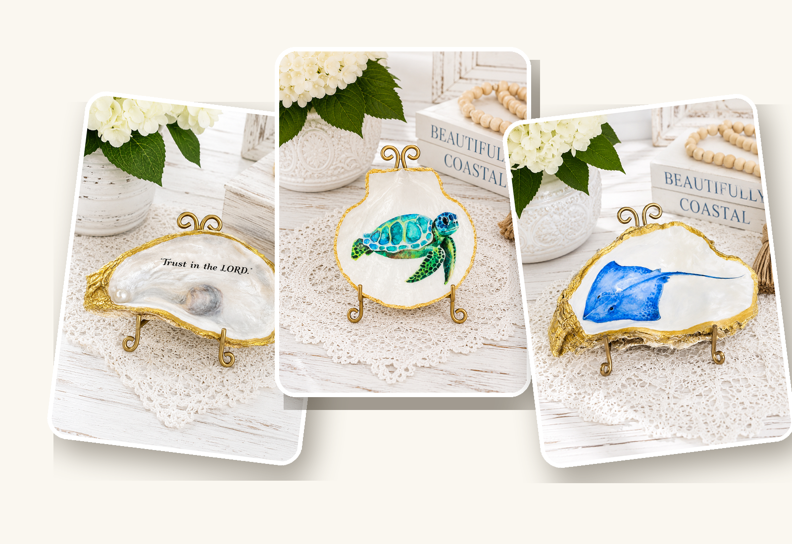 Collage of handcrafted Trust in the LORD, sea turtle, and blue stingray shell art