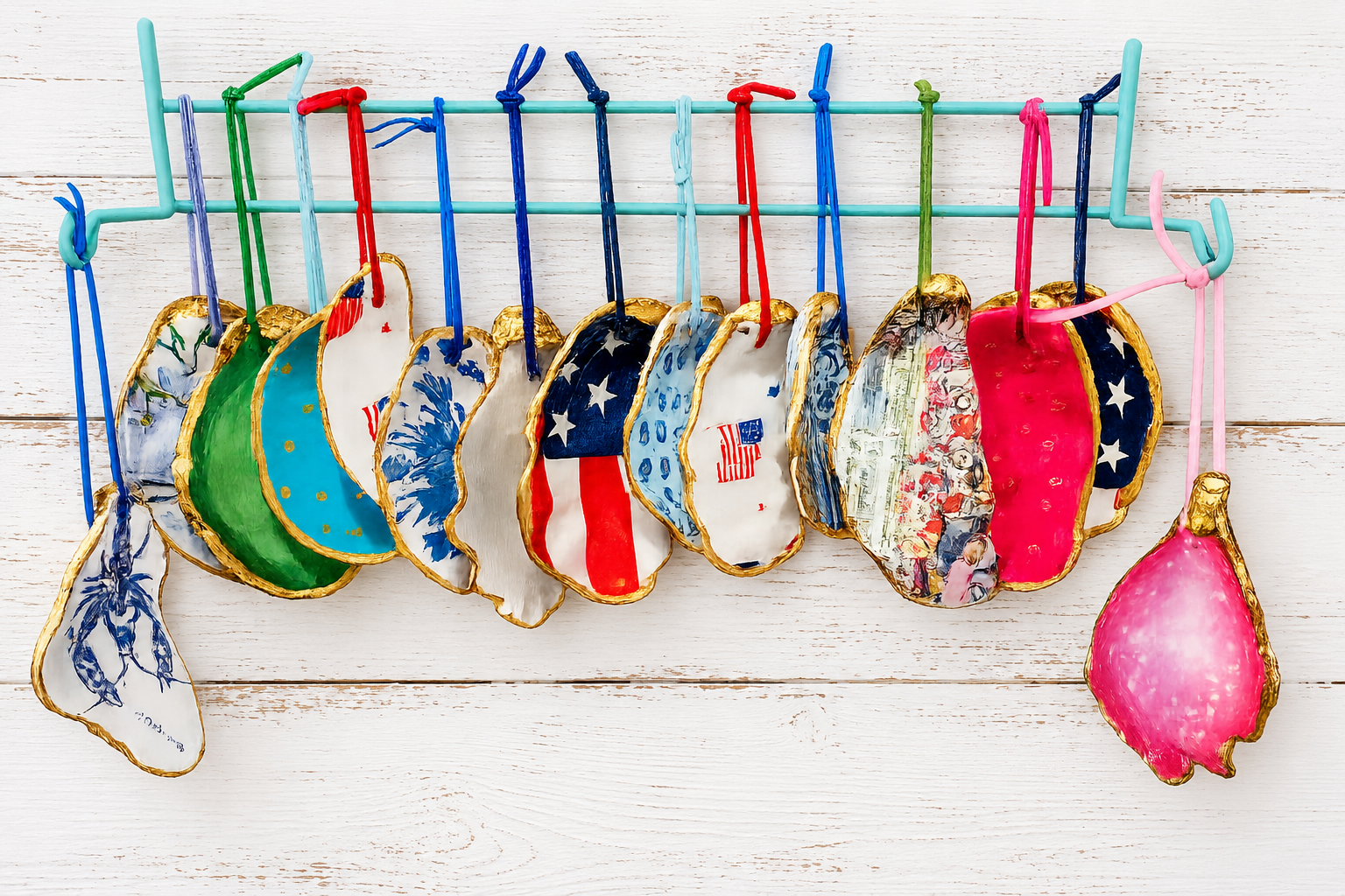 Collection of custom oyster shell ornaments and handcrafted shell art by Inspirational Art by Tamara